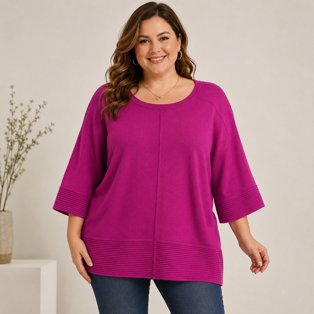 Cyrus Women Magenta Pink 3/4 Sleeve Ribbed Knit Sweater 2X Bold Bright Feminine